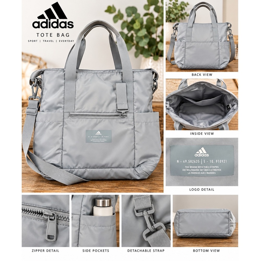 Adidas Tote Bag Grey Sport Travel Everyday Gym Shoulder Crossbody Bag casual